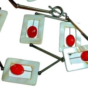 Vintage Mother of Pearl Red Coral Station Necklace Silver Tone Geometric 24 In